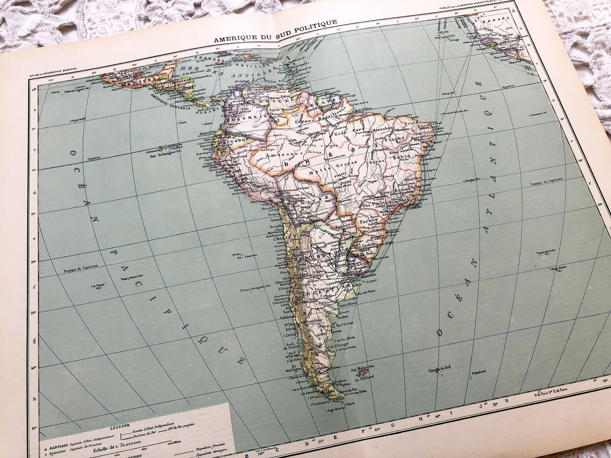 Large vintage map of South America from a French atlas of the 1910s