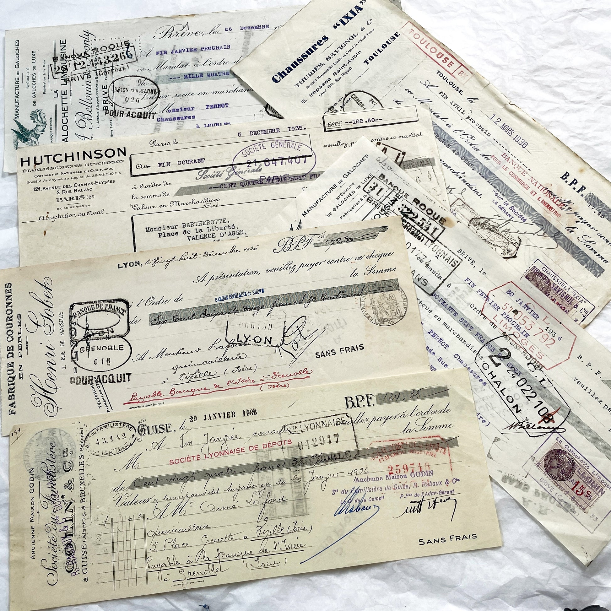 1930s - Lot of 6 Vintage French Bills of Exchange – Handwritten Commercial Documents with Stamps