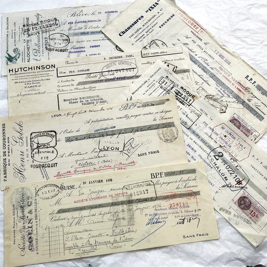 1930s - Lot of 6 Vintage French Bills of Exchange – Handwritten Commercial Documents with Stamps