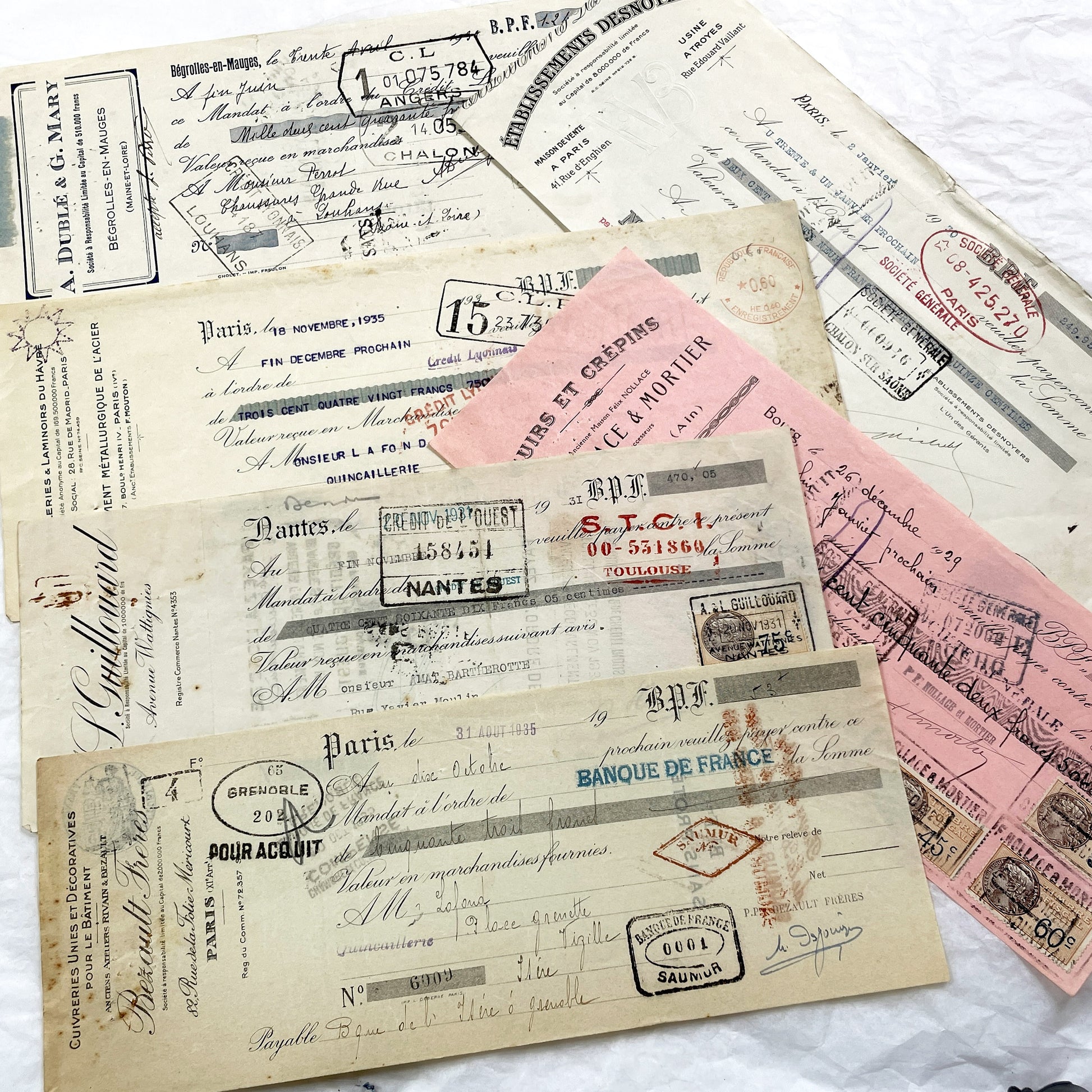 1930s - Lot of 6 Vintage French Bills of Exchange – Handwritten Commercial Documents with Stamps