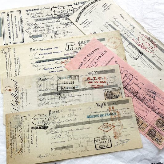 1930s - Lot of 6 Vintage French Bills of Exchange – Handwritten Commercial Documents with Stamps