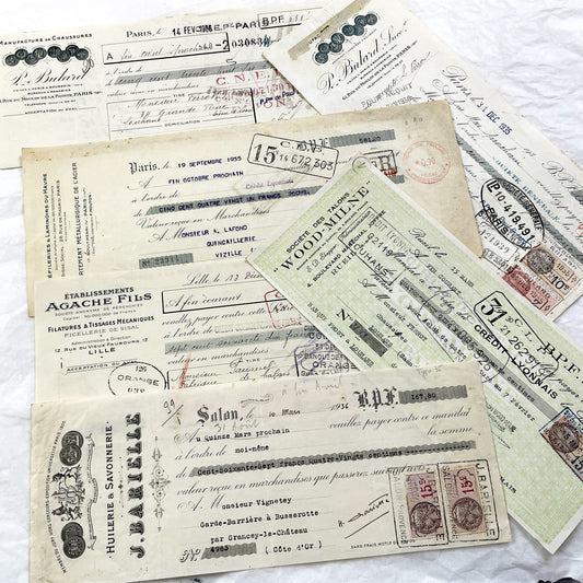 1930s - Lot of 6 Vintage French Bills of Exchange – Handwritten Commercial Documents with Stamps