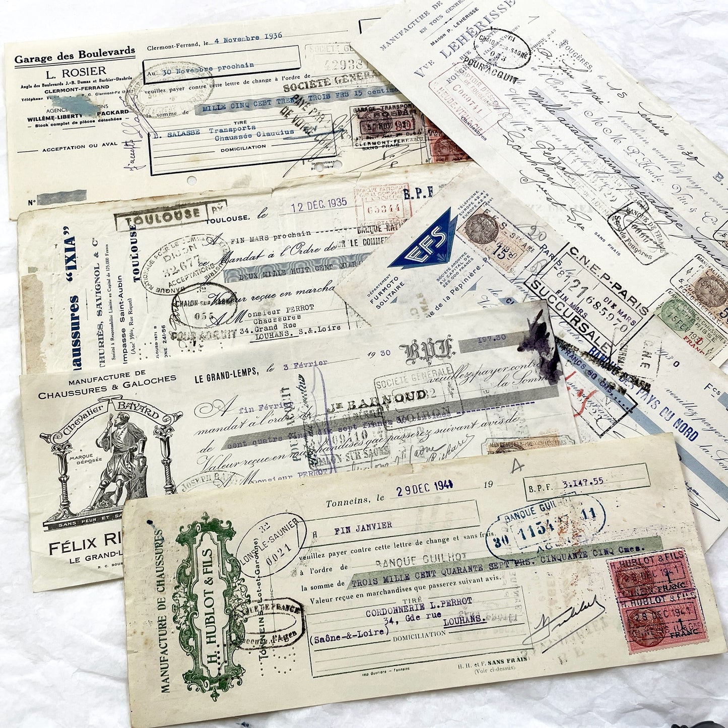 1930s - Lot of 6 Vintage French Bills of Exchange – Handwritten Commercial Documents with Stamps