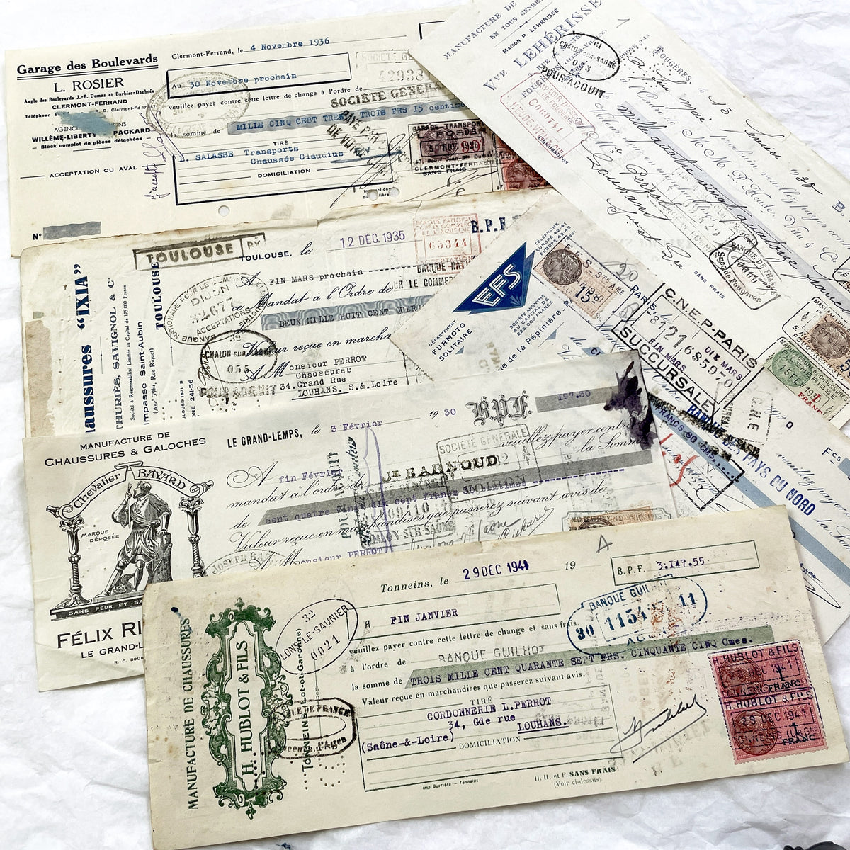 1930s - Lot of 6 Vintage French Bills of Exchange – Handwritten Commercial Documents with Stamps