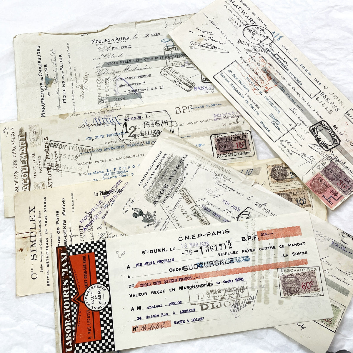 1930s - Lot of 6 Vintage French Bills of Exchange – Handwritten Commercial Documents with Stamps