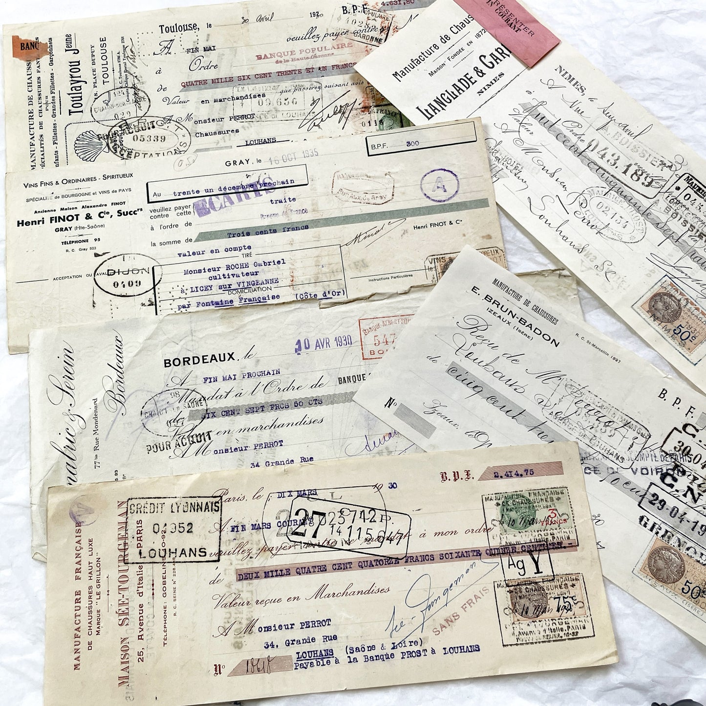 1930s - Lot of 6 Vintage French Bills of Exchange – Handwritten Commercial Documents with Stamps