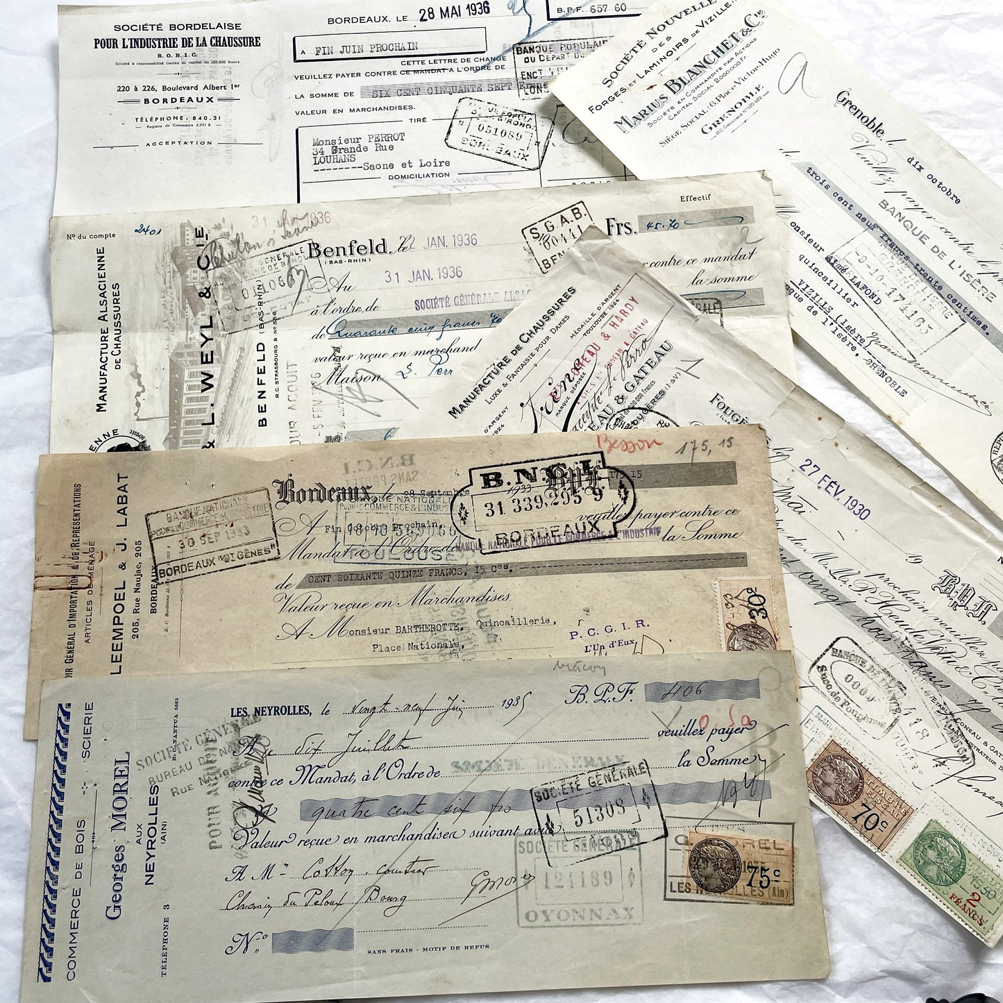 1930s - Lot of 6 Vintage French Bills of Exchange – Handwritten Commercial Documents with Stamps