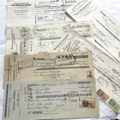 1930s - Lot of 6 Vintage French Bills of Exchange – Handwritten Commercial Documents with Stamps