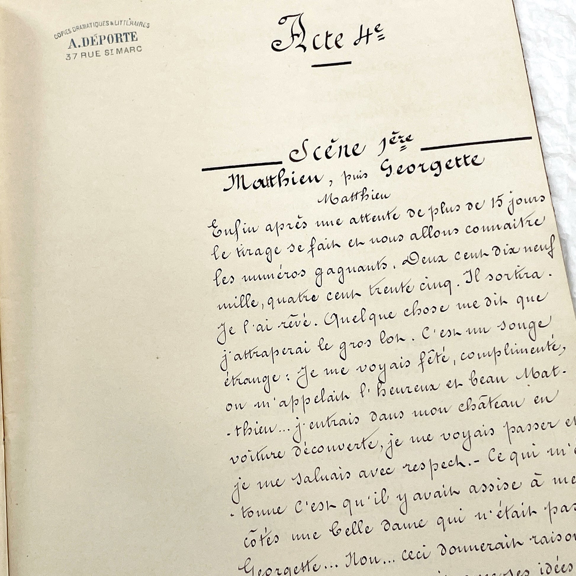 Late 19th - 28 Pages Handwritten French Theatrical Play Script Manuscript - Vintage Drama Performance Copy - Document from Parisan Publisher