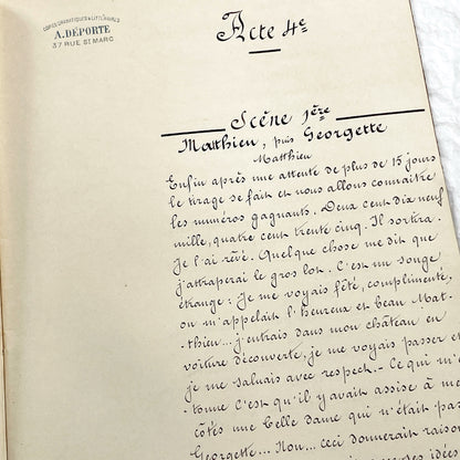 Late 19th - 28 Pages Handwritten French Theatrical Play Script Manuscript - Vintage Drama Performance Copy - Document from Parisan Publisher