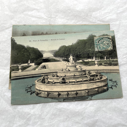 1910s French postcards lot featuring Versailles Palace, Petit Trianon, and grand fountains like Latona and Apollo's Basin.