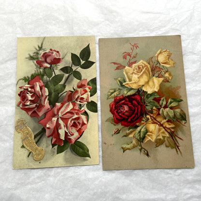1900s antique postcard lot with French floral design, featuring red, pink, and yellow roses. Vintage paper ephemera.