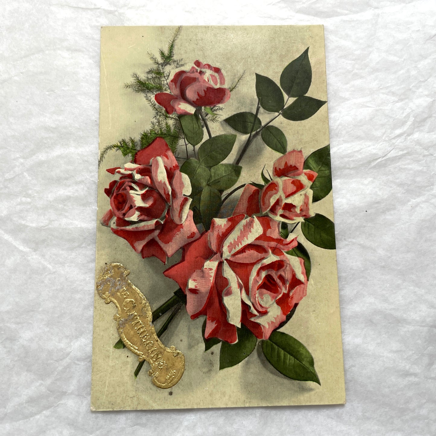 1900s antique postcard lot with French floral design, featuring red, pink, and yellow roses. Vintage paper ephemera.