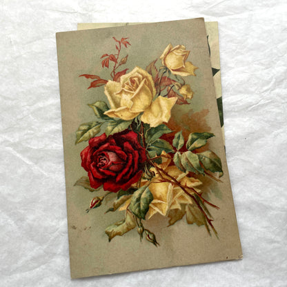 1900s antique postcard lot with French floral design, featuring red, pink, and yellow roses. Vintage paper ephemera.