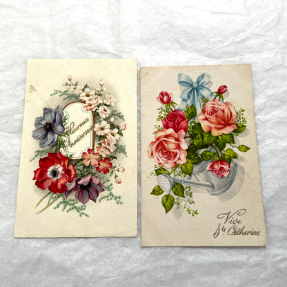 Two 1910s vintage French postcards featuring colorful floral designs, one with anemones for birthday, another with roses in a