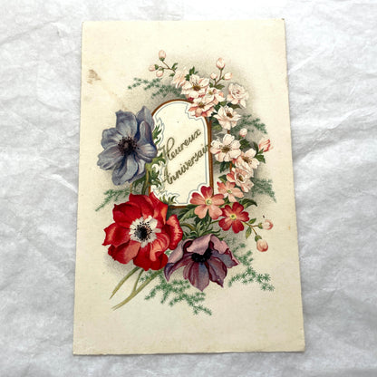 Two 1910s vintage French postcards featuring colorful floral designs, one with anemones for birthday, another with roses in a