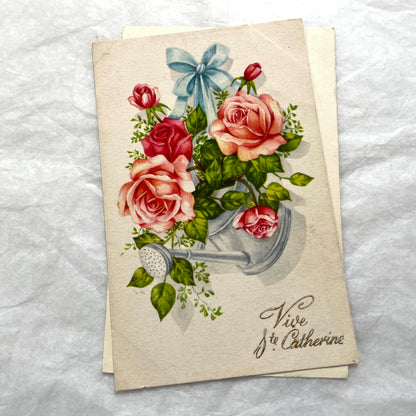 Two 1910s vintage French postcards featuring colorful floral designs, one with anemones for birthday, another with roses in a