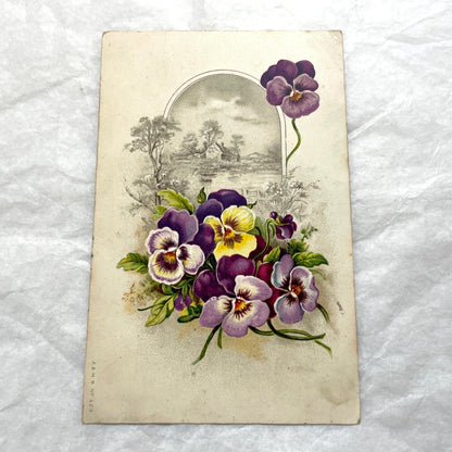 1900s French postcards lot featuring vibrant pansy floral designs and French greetings.