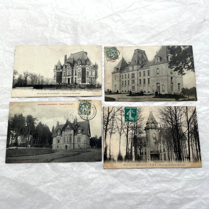 Lot of 1910s French postcards featuring vintage black and white images of historic châteaux and manors.
