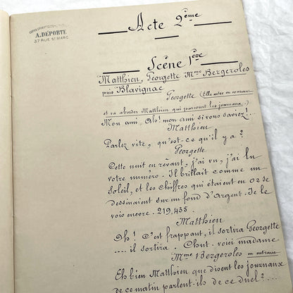 Late 19th - 26 Pages French Play Script Manuscript - Handwritten Theatrical Drama Dialogue - Vintage Parisian Theatre Document