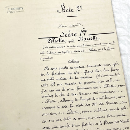 Late 19th - 34 Pages French Theatrical Play Script Manuscript - Antique Handwritten French Play Draft - Vintage Parisian Drama Copy