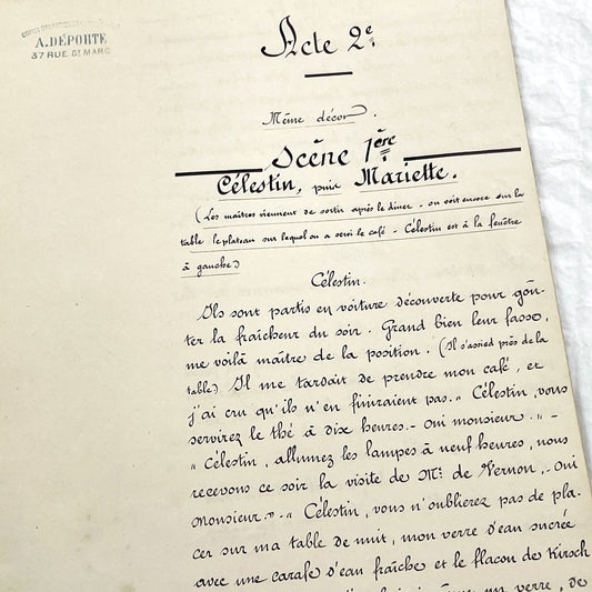 Late 19th - 34 Pages French Theatrical Play Script Manuscript - Antique Handwritten French Play Draft - Vintage Parisian Drama Copy