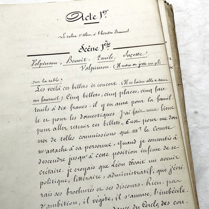 Late 19th - 150 Pages Original French Play Manuscript - L'Amie de Pension - Hand-Copied Theatrical Script - Historic Comedy in Prose