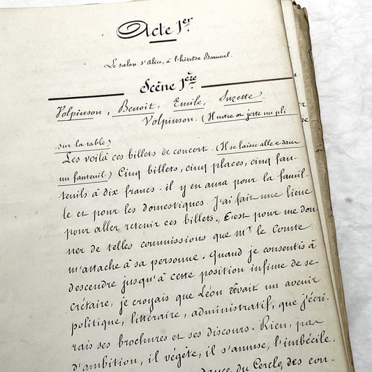 Late 19th - 150 Pages Original French Play Manuscript - L'Amie de Pension - Hand-Copied Theatrical Script - Historic Comedy in Prose