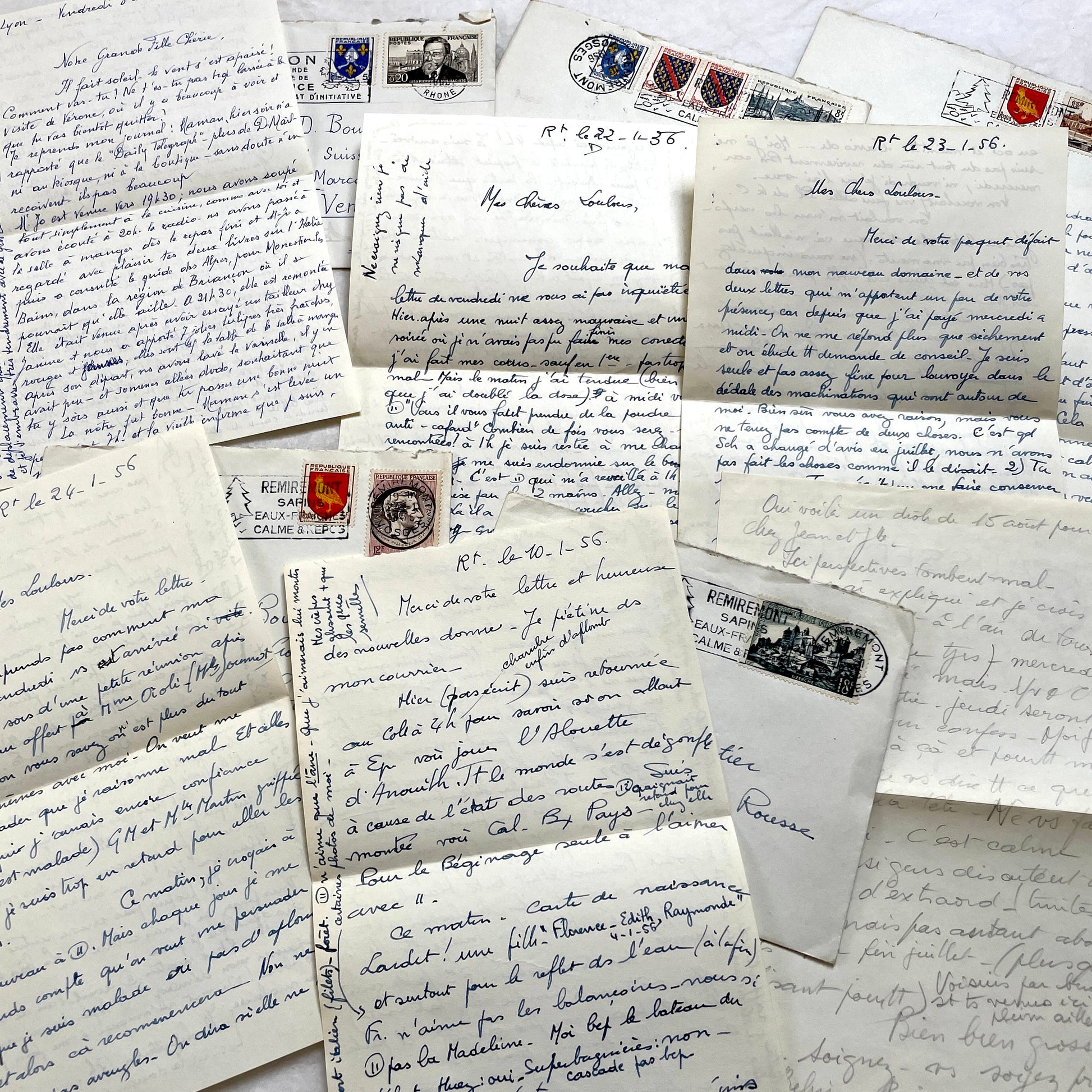 Set of 5 1950s French handwritten letters with envelopes and postage stamps, vintage paper ephemera.