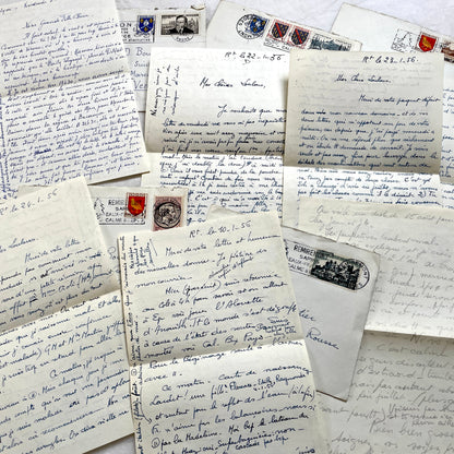 Set of 5 1950s French handwritten letters with envelopes and postage stamps, vintage paper ephemera.
