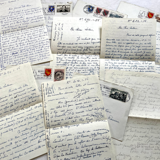 Set of 5 1950s French handwritten letters with envelopes and postage stamps, vintage paper ephemera.
