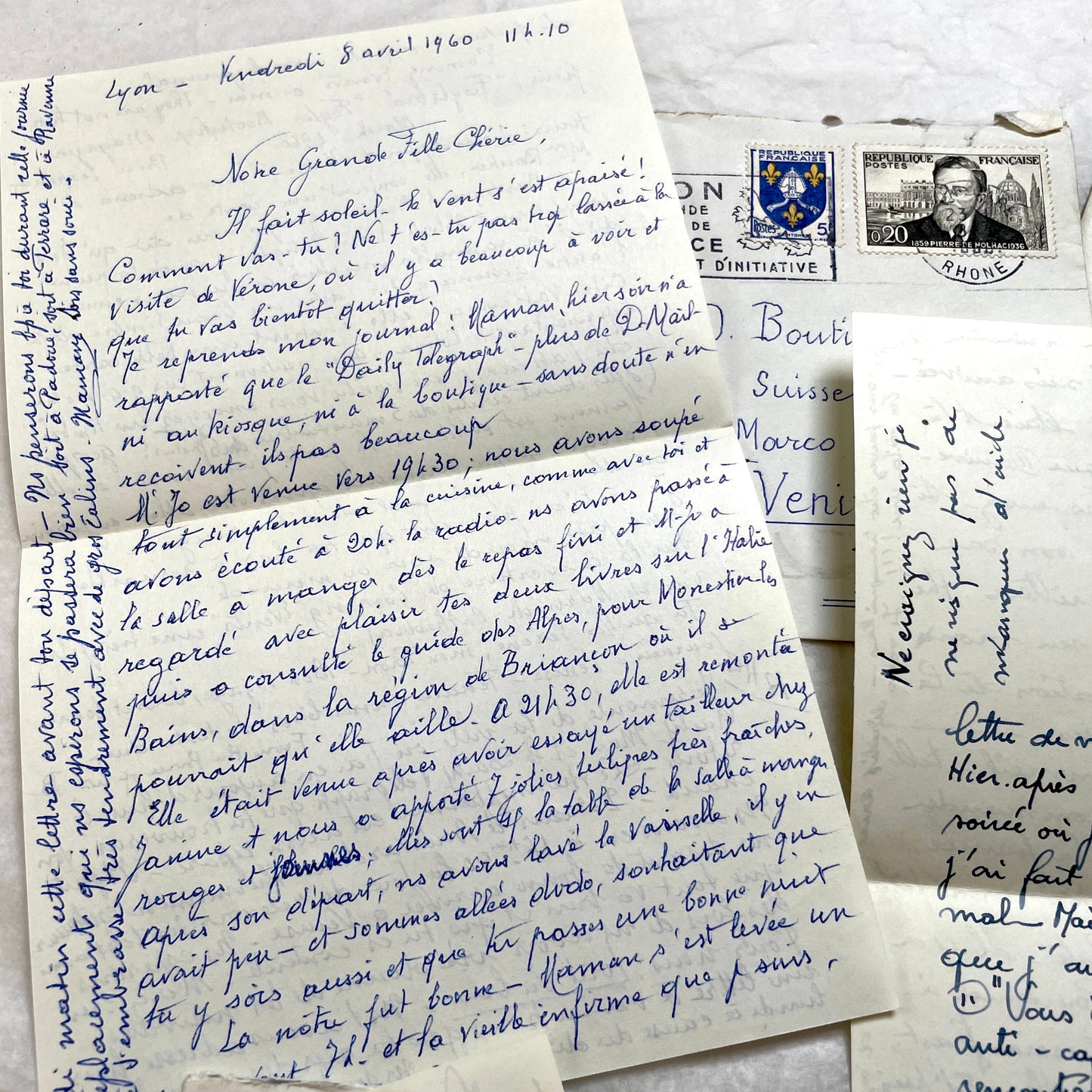 Set of 5 1950s French handwritten letters with envelopes and postage stamps, vintage paper ephemera.