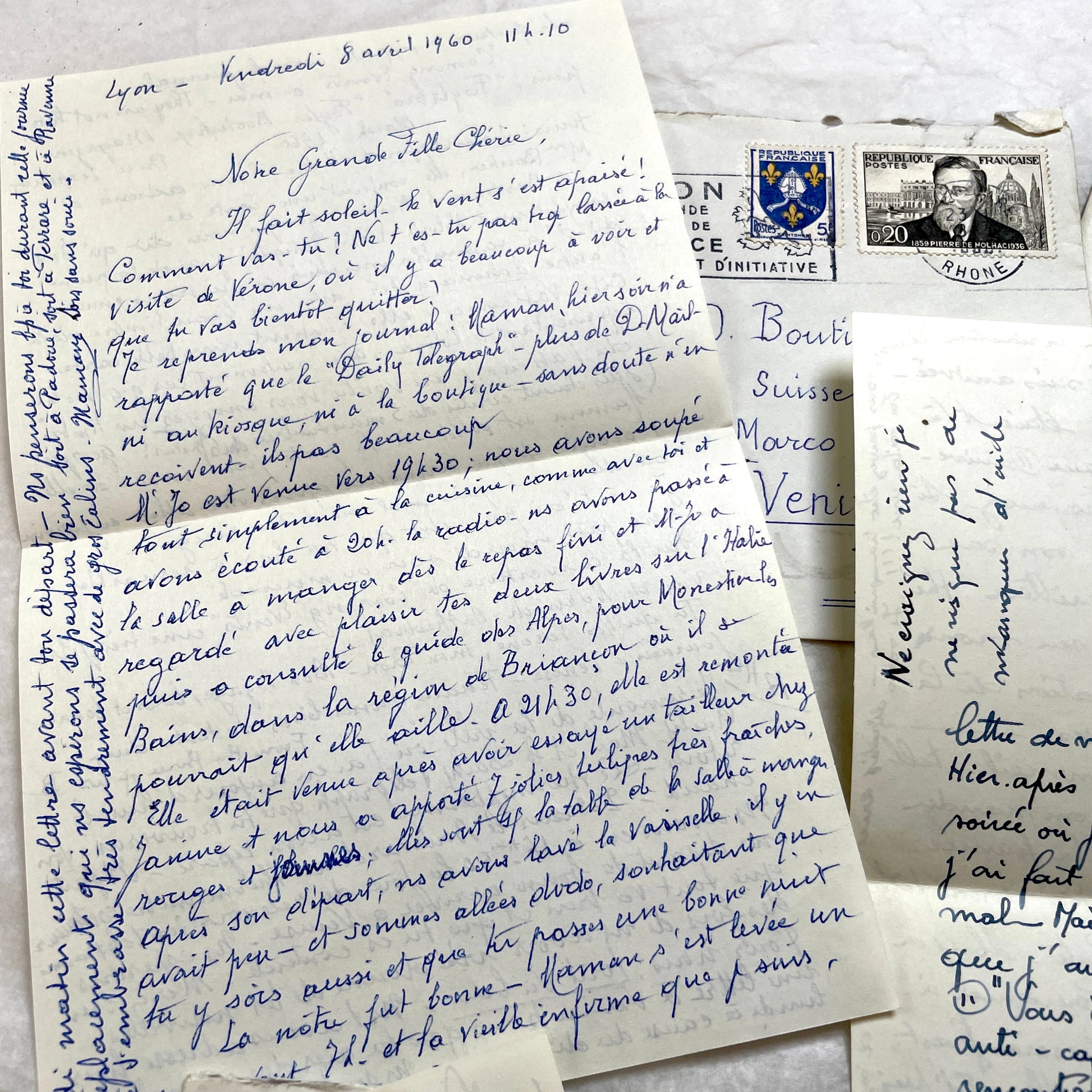 Set of 5 1950s French handwritten letters with envelopes and postage stamps, vintage paper ephemera.