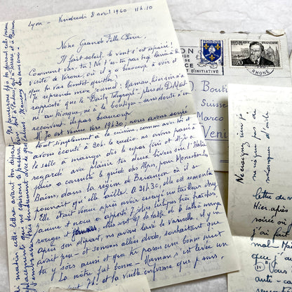 Set of 5 1950s French handwritten letters with envelopes and postage stamps, vintage paper ephemera.