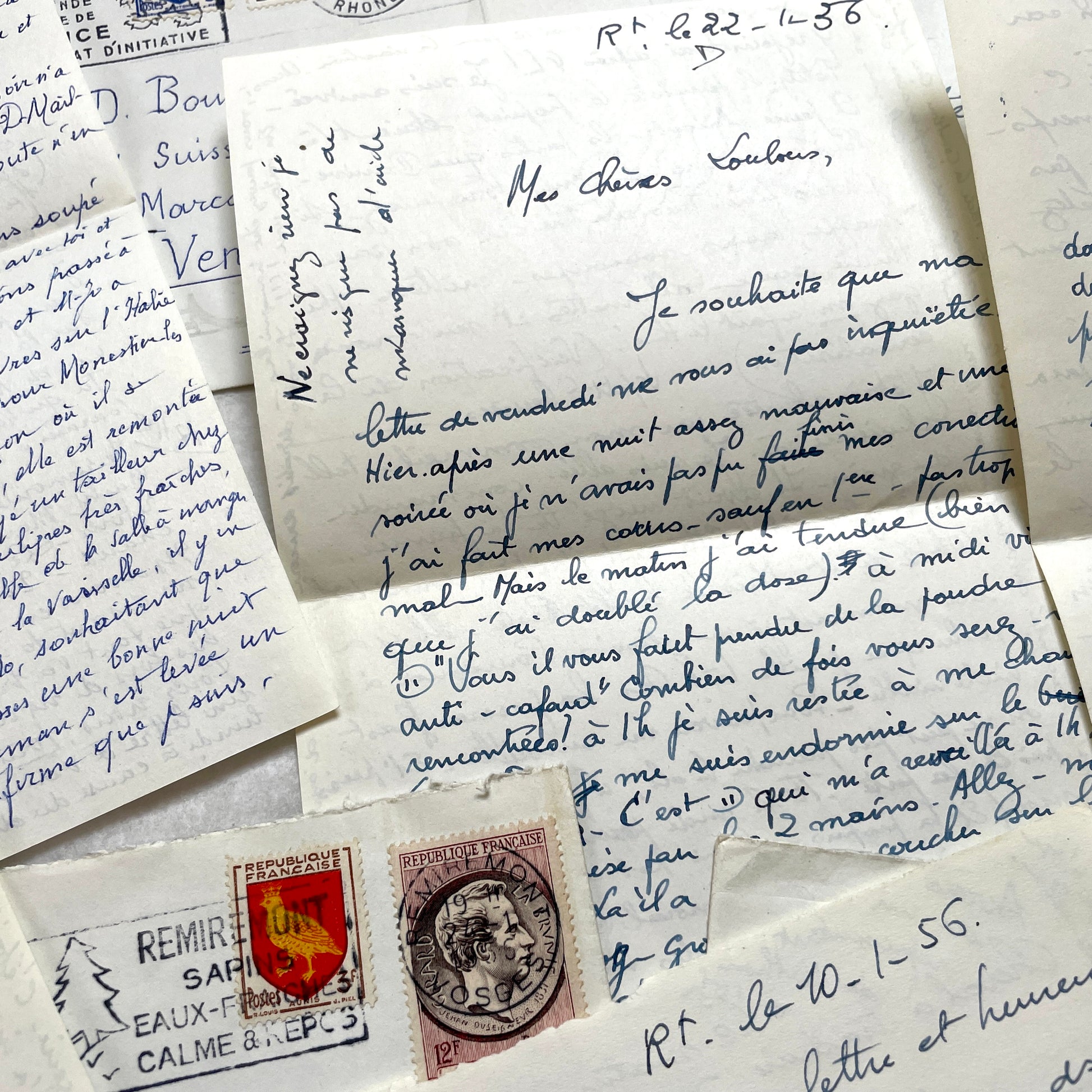 Set of 5 1950s French handwritten letters with envelopes and postage stamps, vintage paper ephemera.