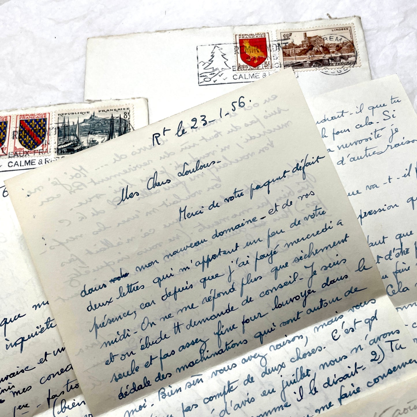 Set of 5 1950s French handwritten letters with envelopes and postage stamps, vintage paper ephemera.
