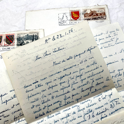 Set of 5 1950s French handwritten letters with envelopes and postage stamps, vintage paper ephemera.