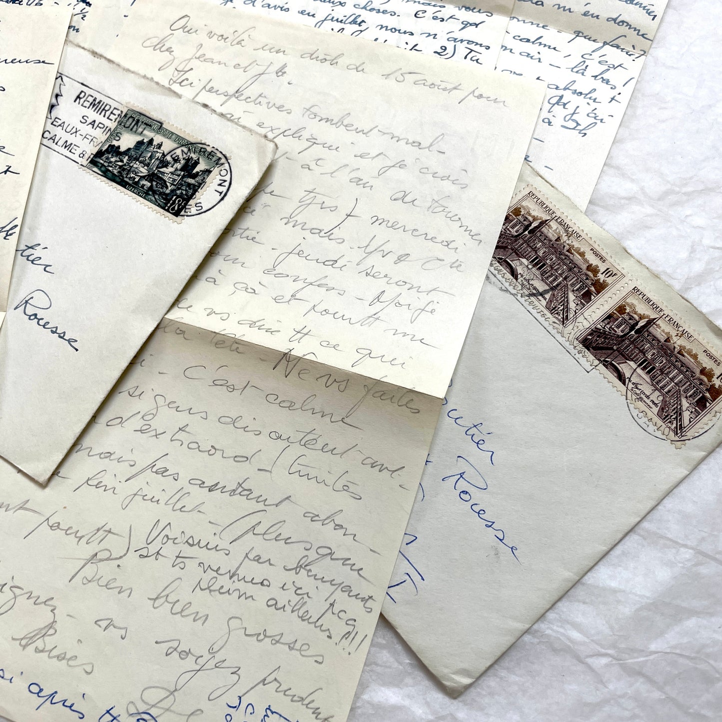 Set of 5 1950s French handwritten letters with envelopes and postage stamps, vintage paper ephemera.