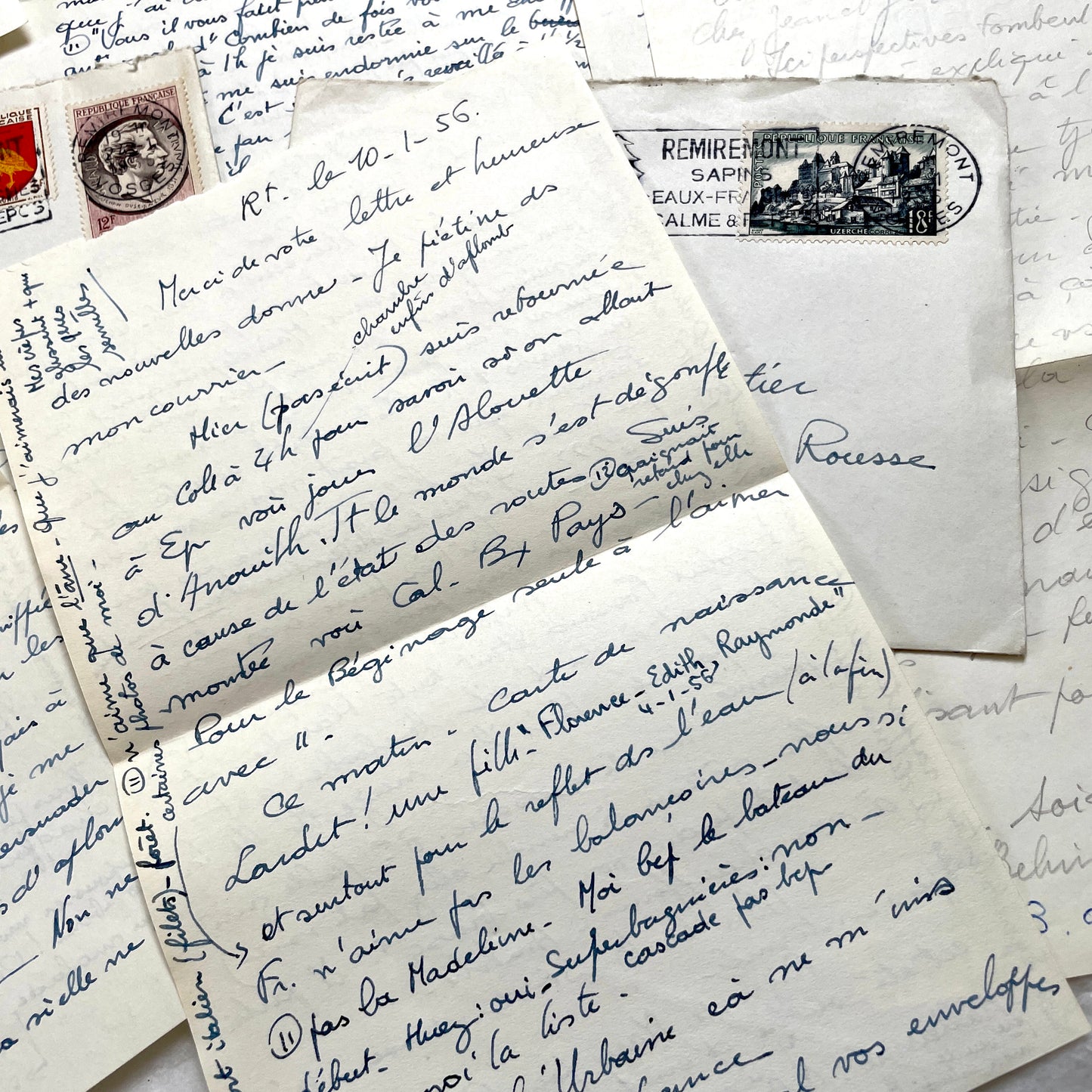 Set of 5 1950s French handwritten letters with envelopes and postage stamps, vintage paper ephemera.