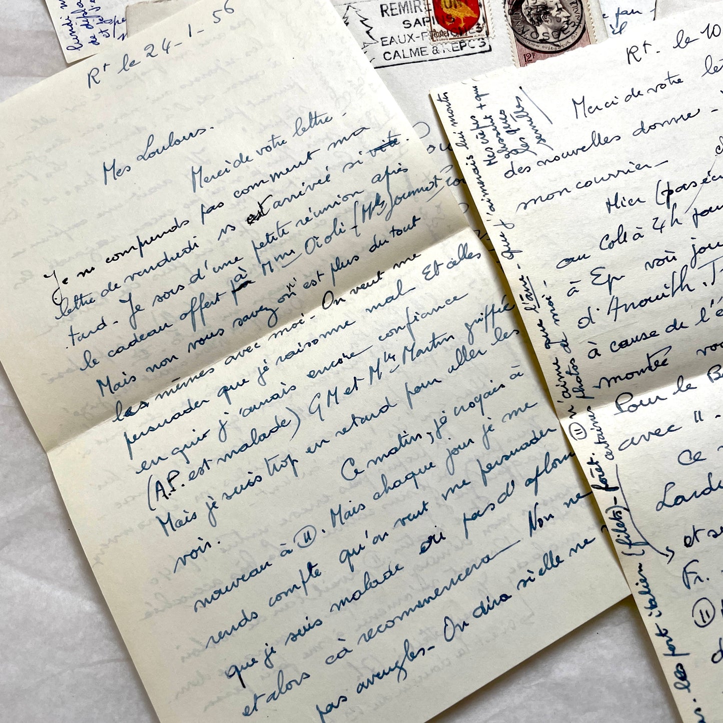 Set of 5 1950s French handwritten letters with envelopes and postage stamps, vintage paper ephemera.