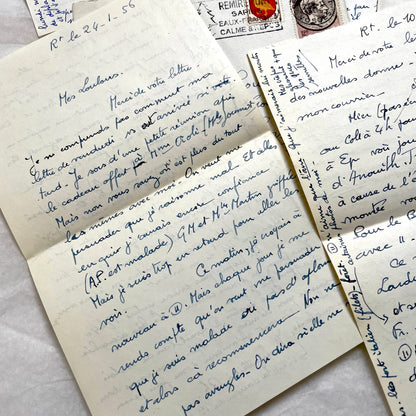 Set of 5 1950s French handwritten letters with envelopes and postage stamps, vintage paper ephemera.