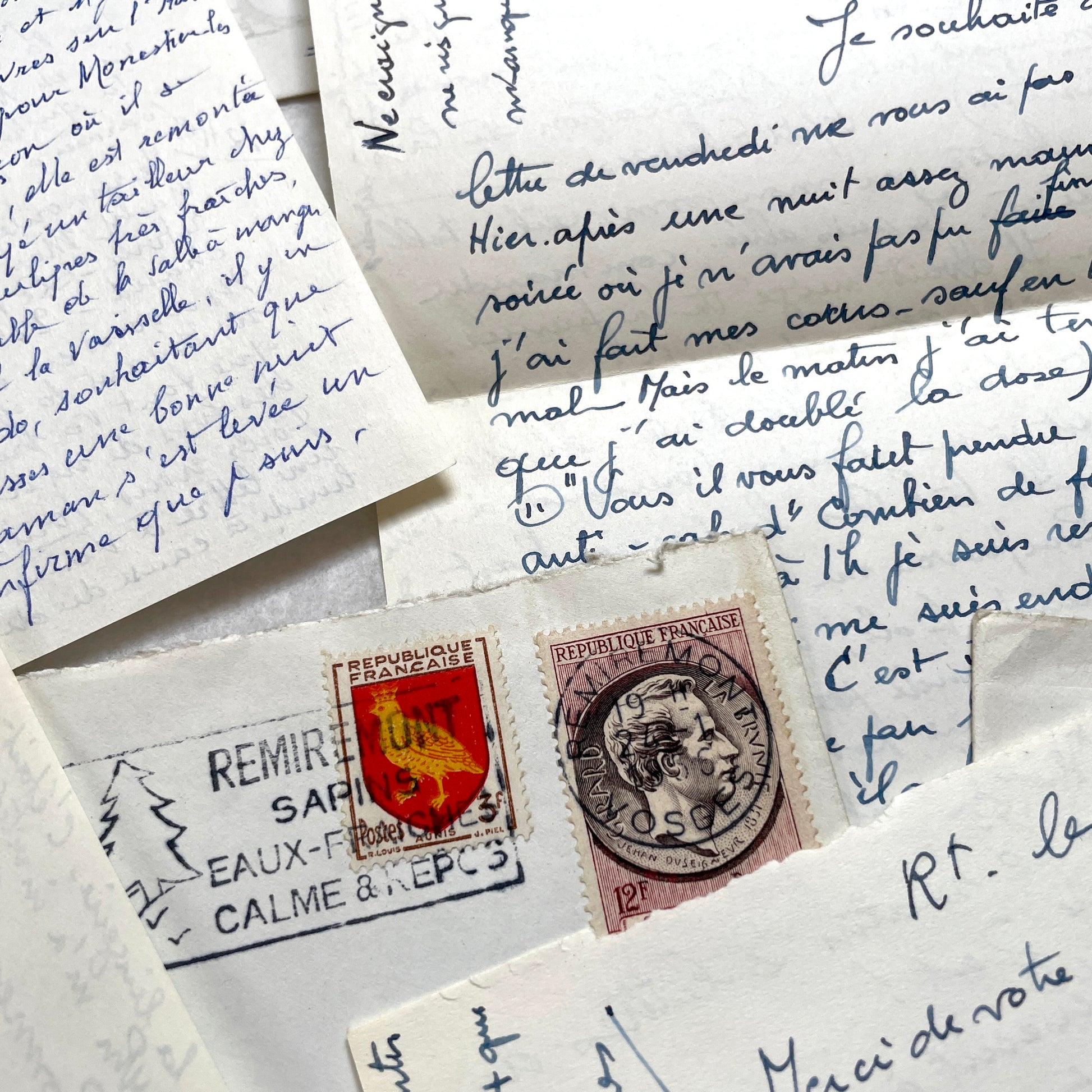 Set of 5 1950s French handwritten letters with envelopes and postage stamps, vintage paper ephemera.