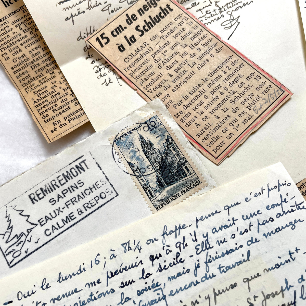 1950s French handwritten letters set with envelopes, vintage stamps, and cursive script ephemera.