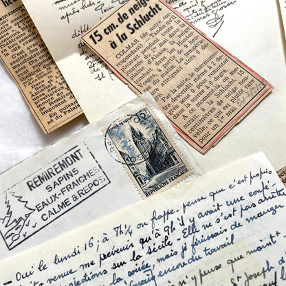 1950s French handwritten letters set with envelopes, vintage stamps, and cursive script ephemera.