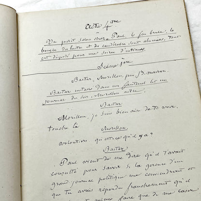 Late 19th - 24-Page French handwritten theater manuscript – Original play with dialogues and author revisionst - Vintage Handwritten Theatre