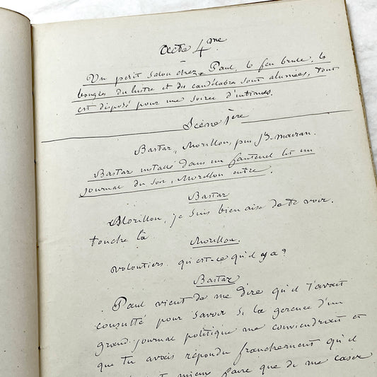 Late 19th - 24-Page French handwritten theater manuscript – Original play with dialogues and author revisionst - Vintage Handwritten Theatre