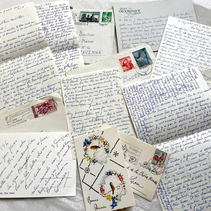 Set of 5 1960s French letters with envelopes, showcasing handwritten script and vintage European postage stamps.