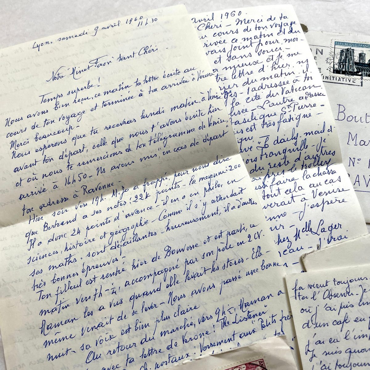 Set of 5 1960s French letters with envelopes, showcasing handwritten script and vintage European postage stamps.