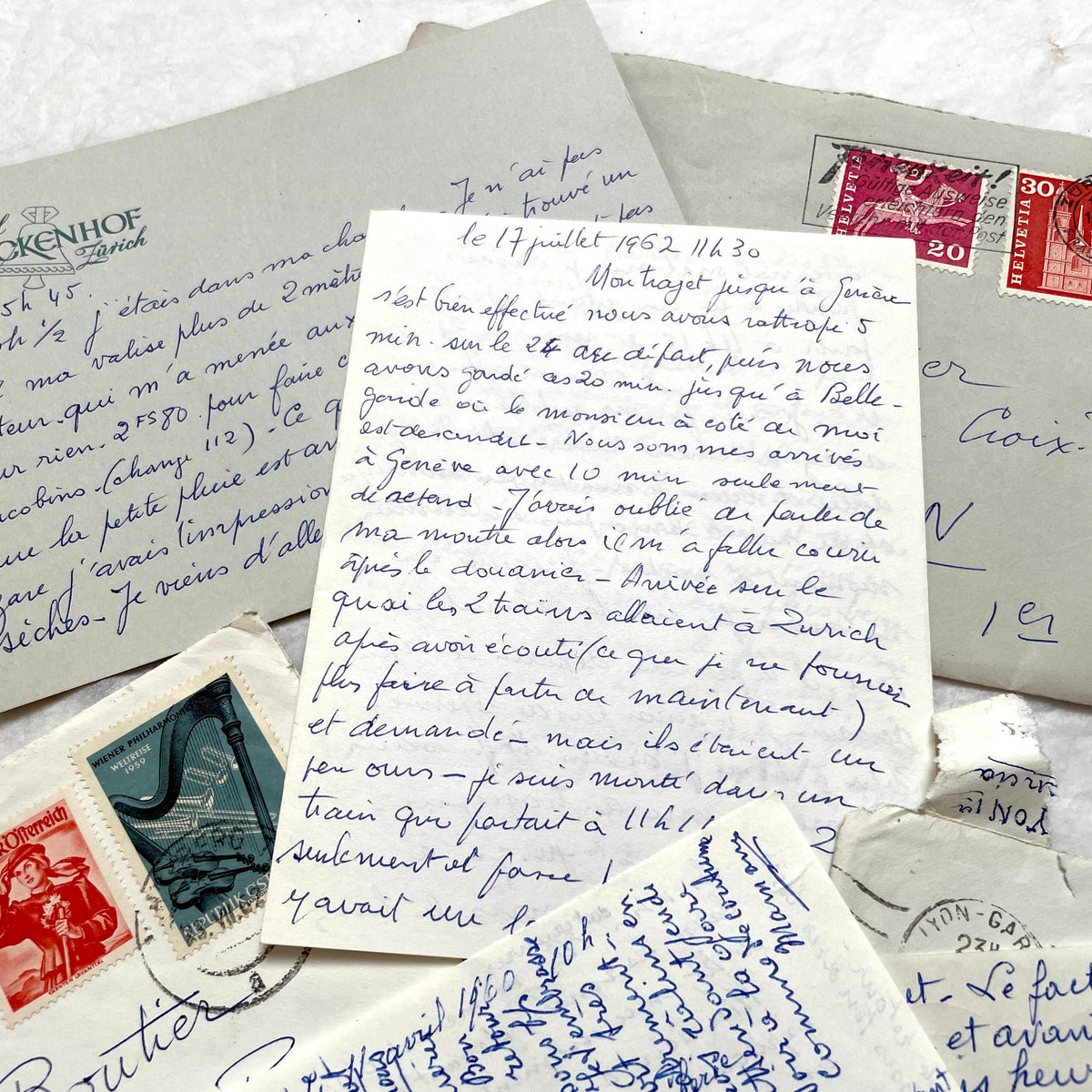 Set of 5 1960s French letters with envelopes, showcasing handwritten script and vintage European postage stamps.