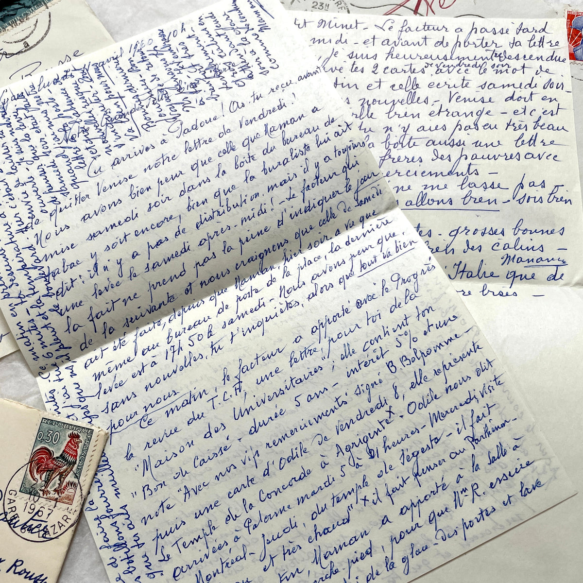 Set of 5 1960s French letters with envelopes, showcasing handwritten script and vintage European postage stamps.